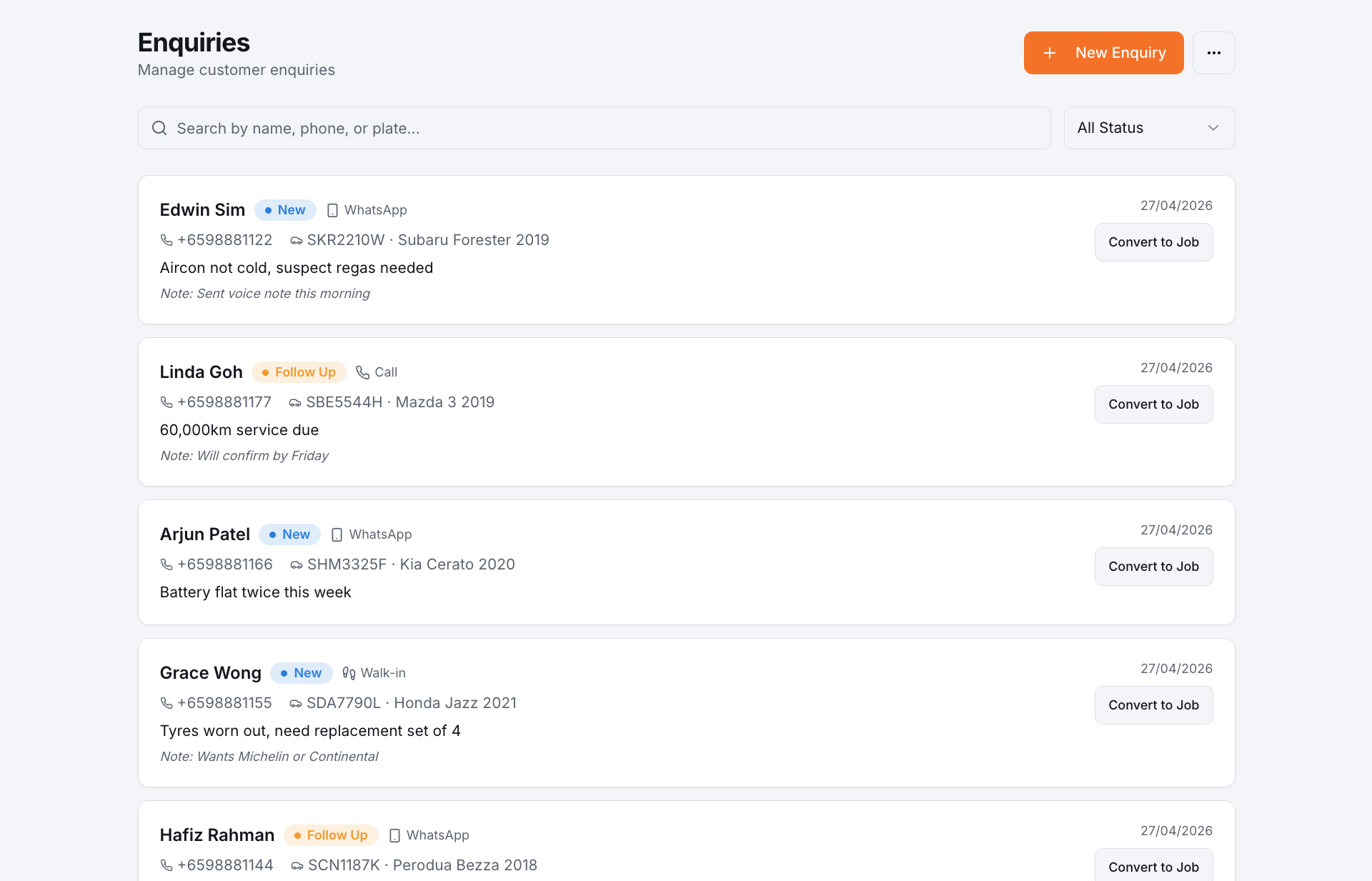 Leads management view showing captured customer enquiries
