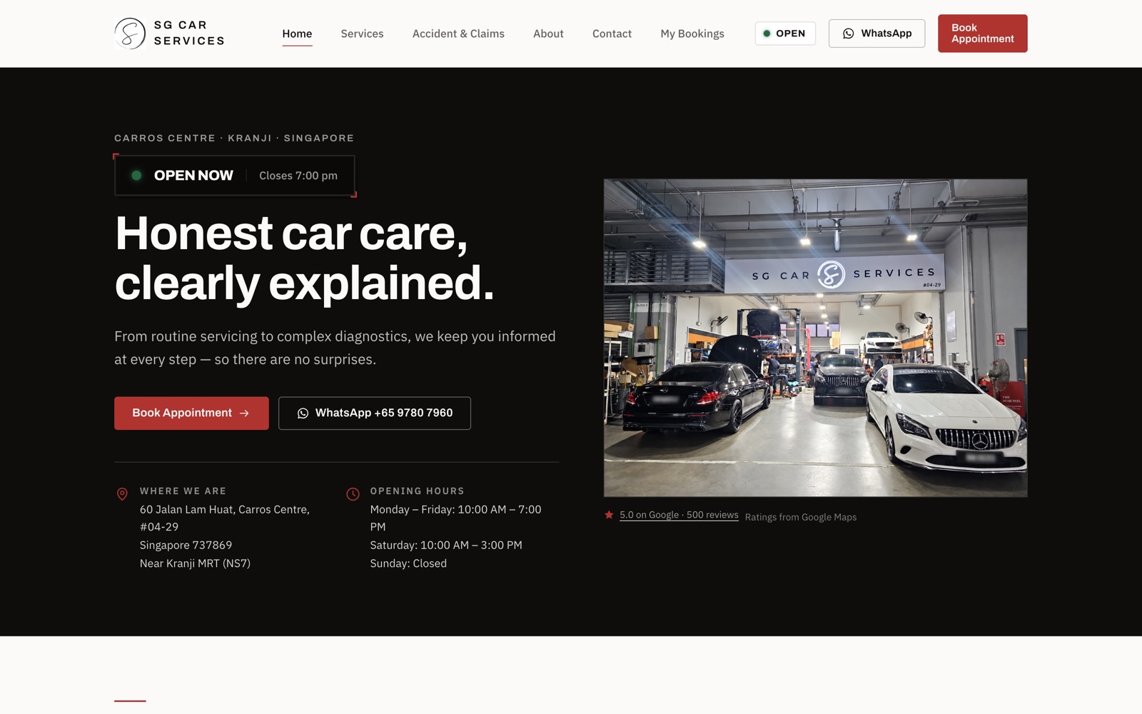 SG Car Services workshop website with a Book Appointment button, built by Node Studio