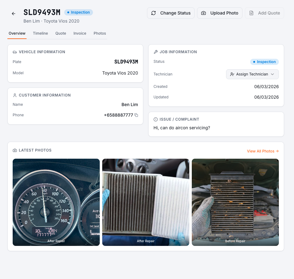 Node Studio customer and vehicle job record with repair photos