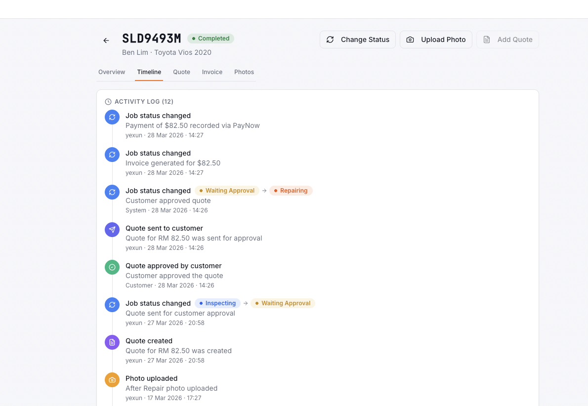 Timeline and activity log view